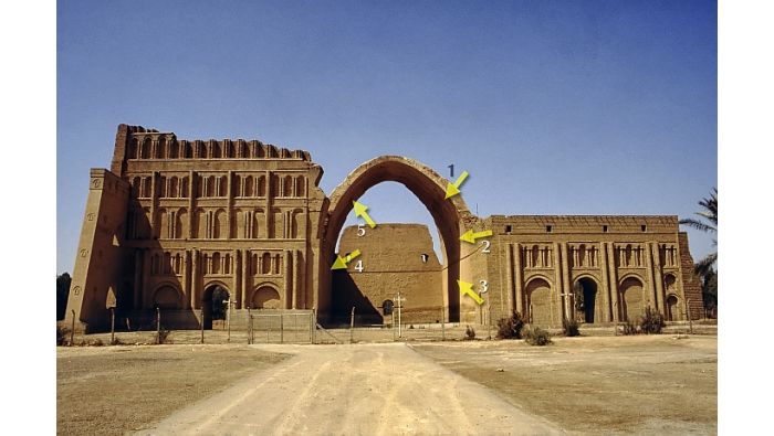 Gesamtansicht der Thronhalle in Ktesiphon mit dem Lehmziegelbogen Taq-e Kisra. Die Pfeile 1-5 geben den Verlauf der Risse an.